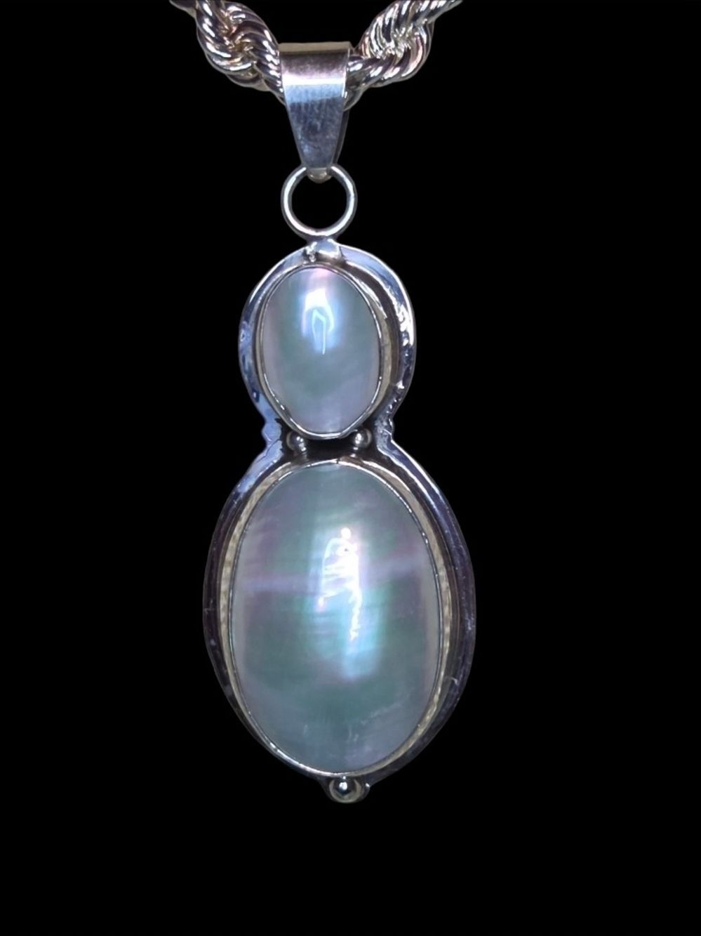 Vintage Sterling Silver Creamy White Pearl Double Oval Pendant 7"